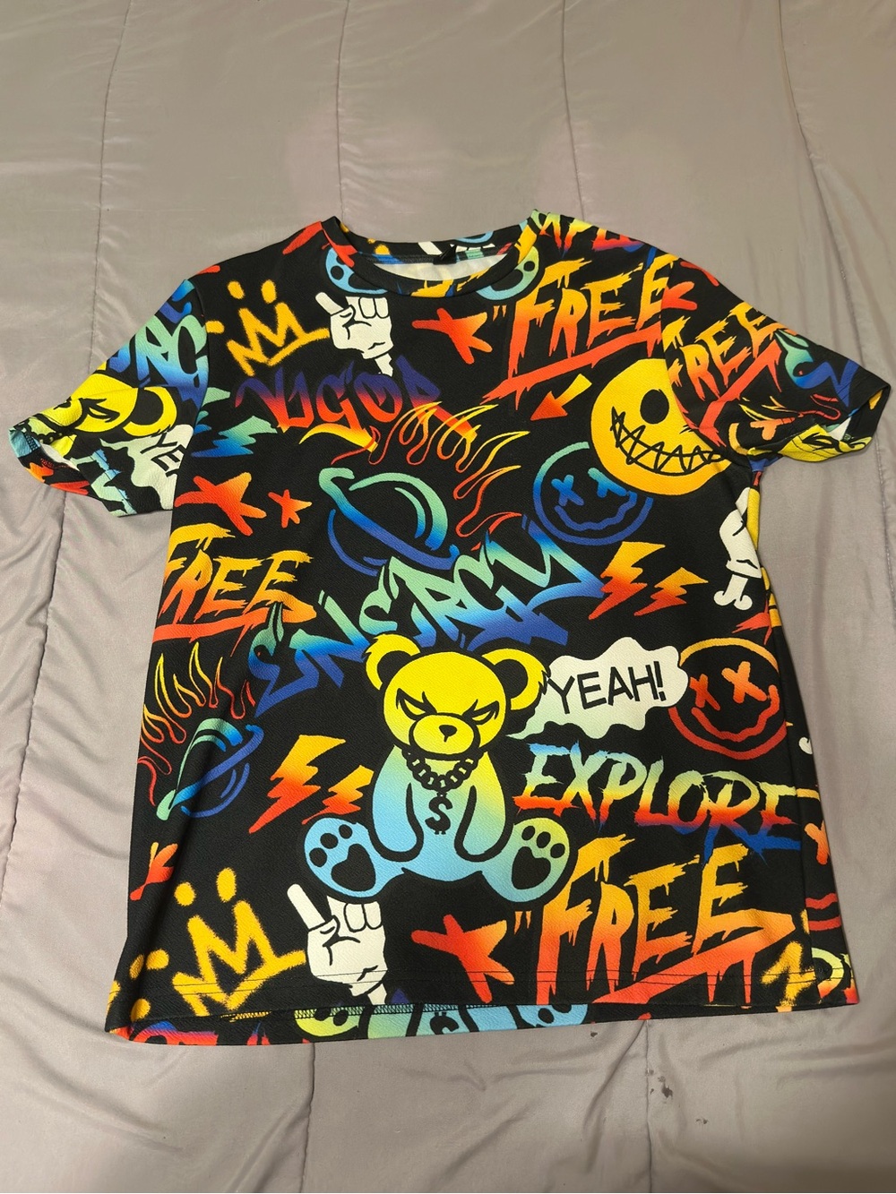 NFINITY Black Tee with Yellow Teddy & Multicolor Graffiti